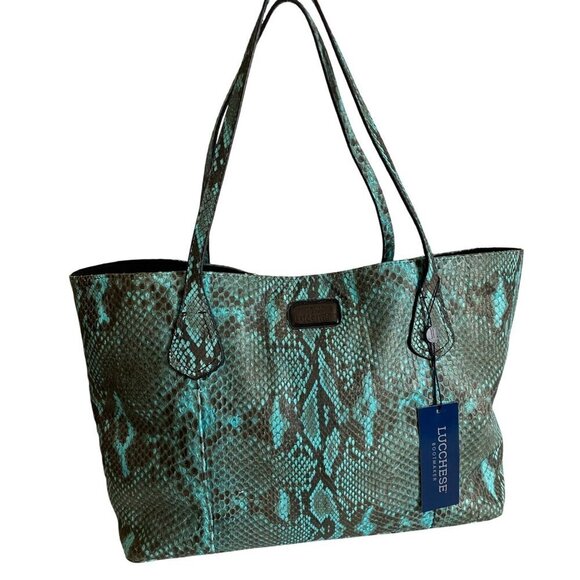 Lucchese Python Tote Bag Turquoise Leather Black Reptile Western Coastal Cowgirl - Picture 4 of 16